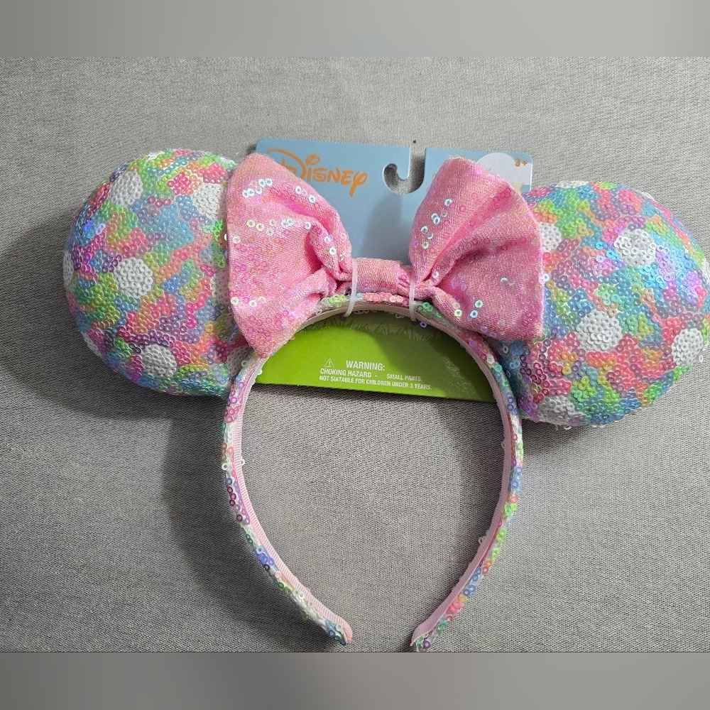 Disney Sequin Rainbow Minnie Ears Headband with Pink Bow